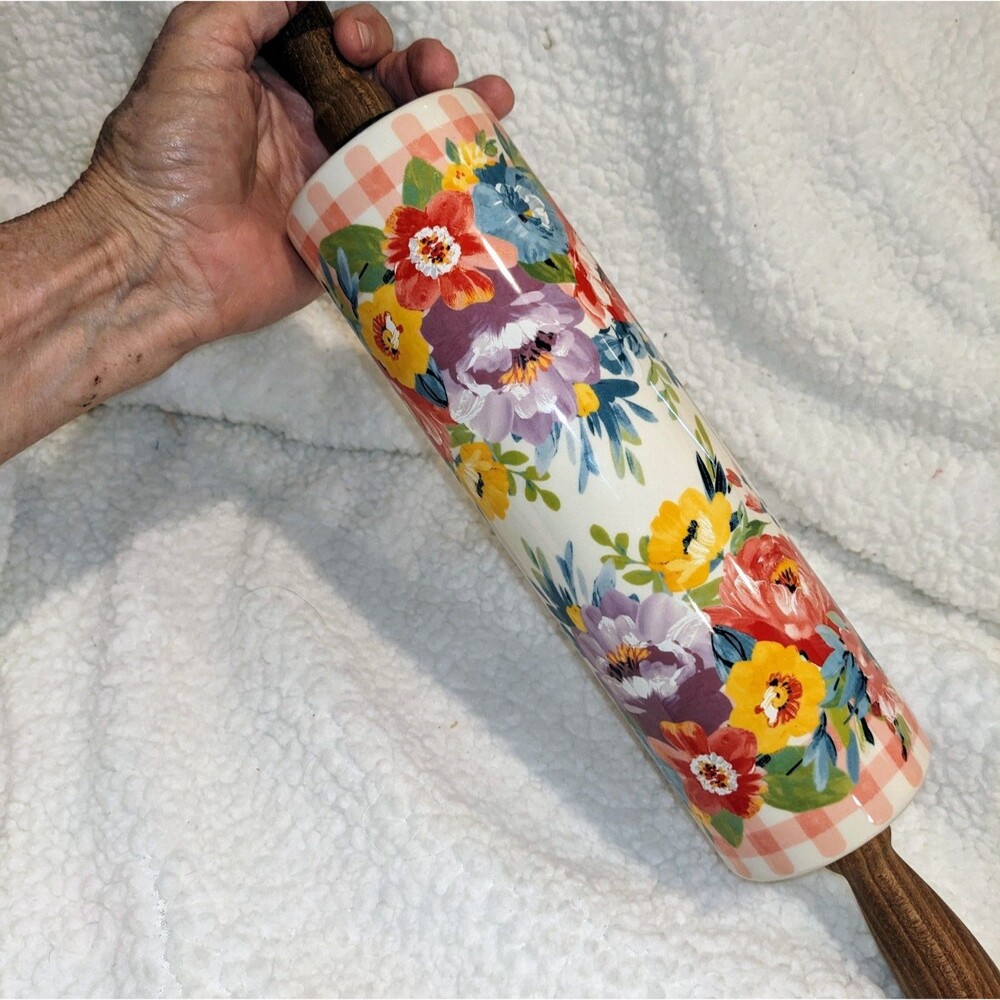 Pioneer Woman Sweet Romance Blossom Ceramic Rolling Pin Floral Acacia Wood